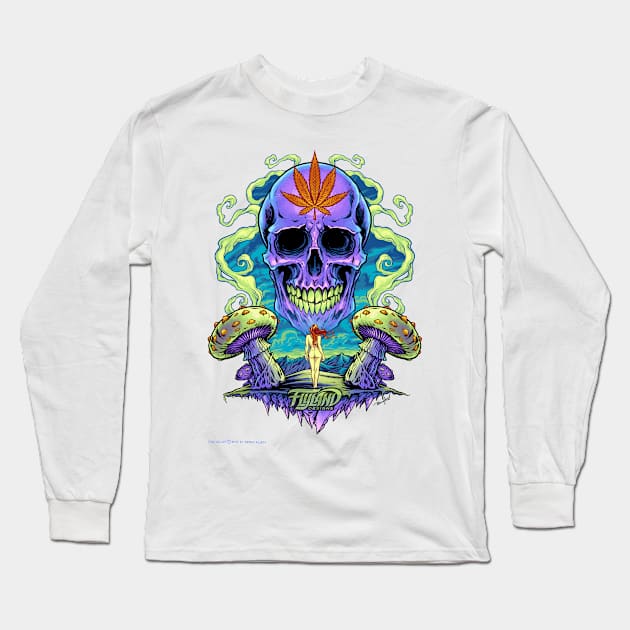 Purple Cannabis Skull with Mushrooms Long Sleeve T-Shirt by FlylandDesigns